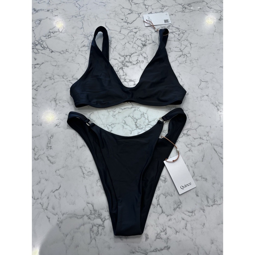 NWT Quince Black Italian Plunge Bikini Top & High-Leg Ring Bikini Bottom Set Med